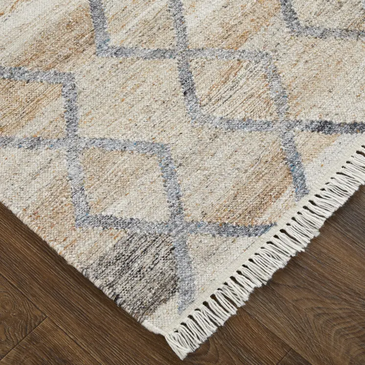 10' X 13' Gray Ivory And Tan Geometric Hand Woven Stain Resistant Area Rug With Fringe