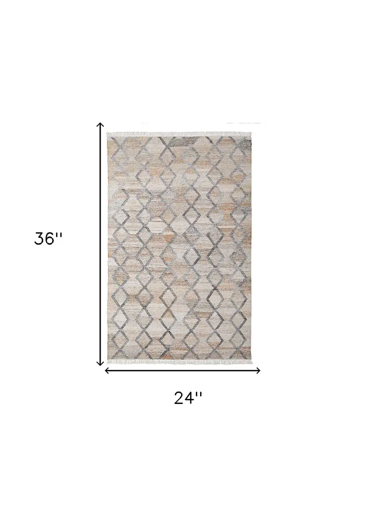 2' X 3' Gray Ivory And Tan Geometric Hand Woven Stain Resistant Area Rug With Fringe