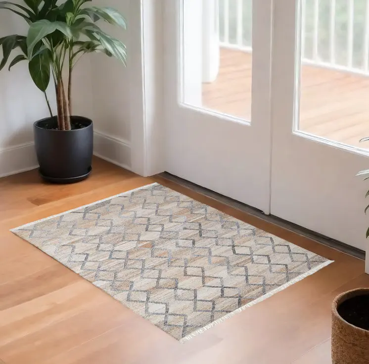 2' X 3' Gray Ivory And Tan Geometric Hand Woven Stain Resistant Area Rug With Fringe