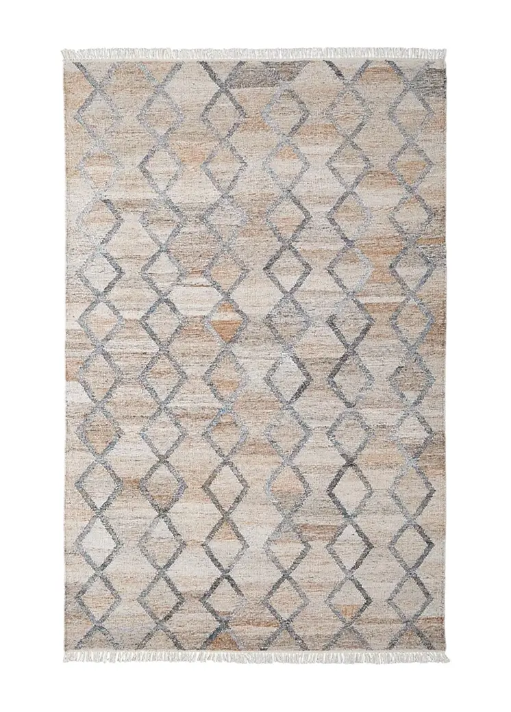 2' X 3' Gray Ivory And Tan Geometric Hand Woven Stain Resistant Area Rug With Fringe