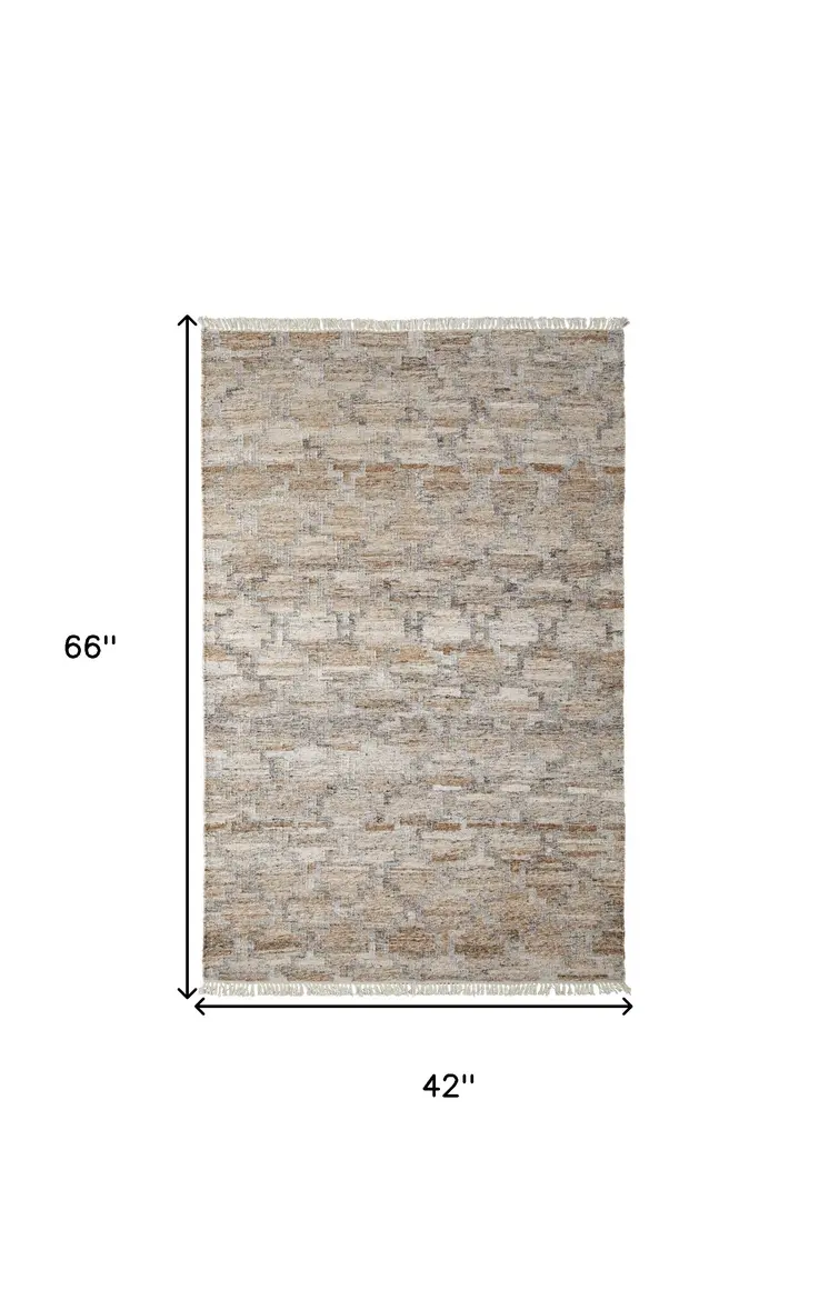 4' X 6' Tan and Gray Geometric Hand Woven Area Rug With Fringe