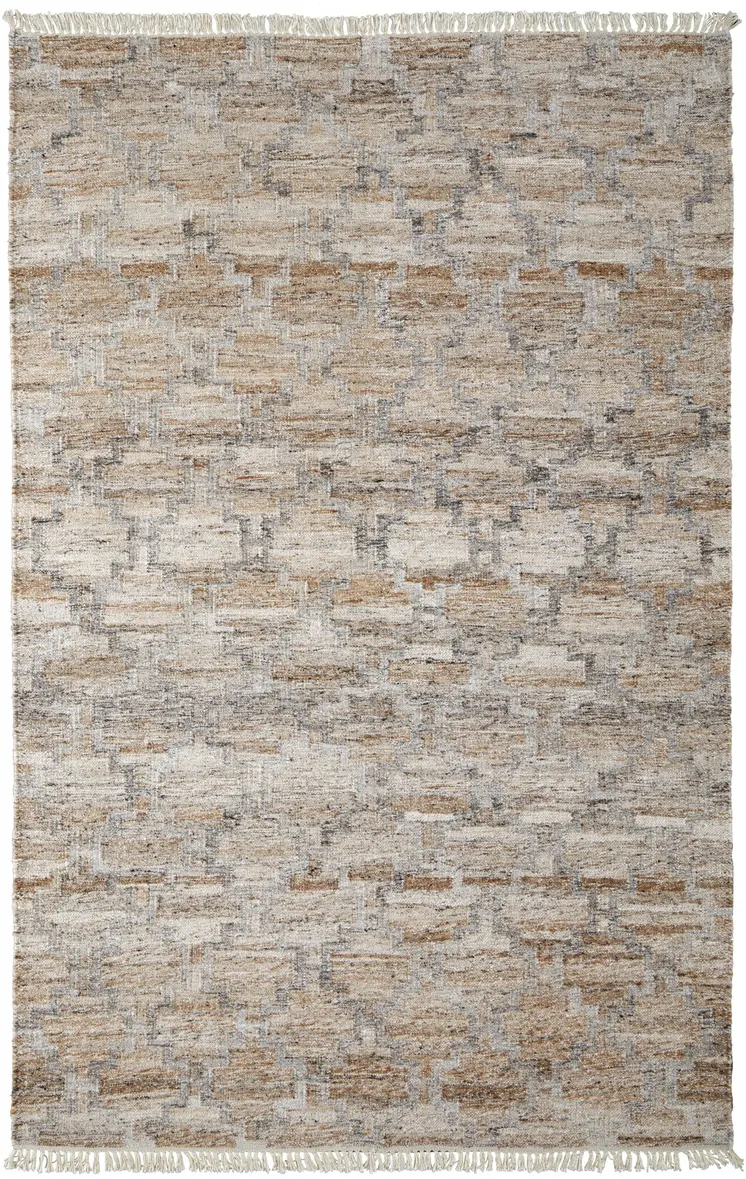 5' X 8' Tan and Gray Geometric Hand Woven Area Rug With Fringe