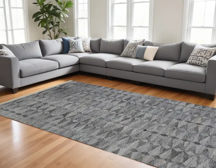 10' X 13' Gray and Black Geometric Hand Woven Area Rug With Fringe