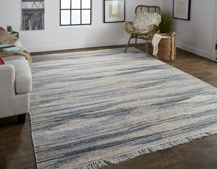 9' X 12' Gray Black and Brown Abstract Hand Woven Area Rug With Fringe