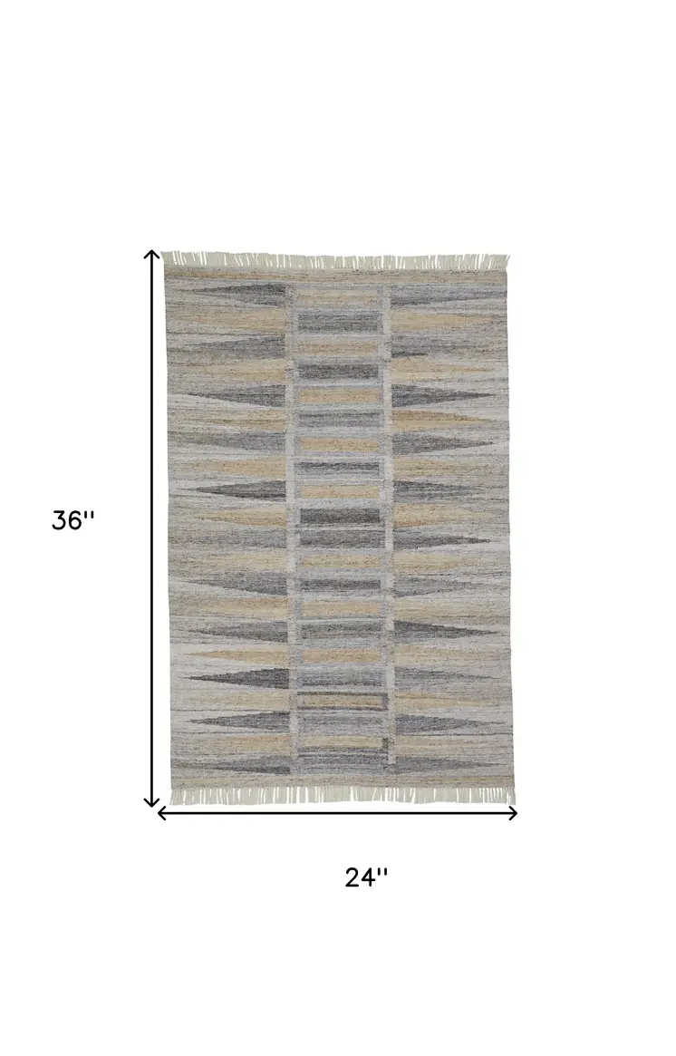 2' X 3' Tan Gray And Taupe Geometric Hand Woven Stain Resistant Area Rug With Fringe