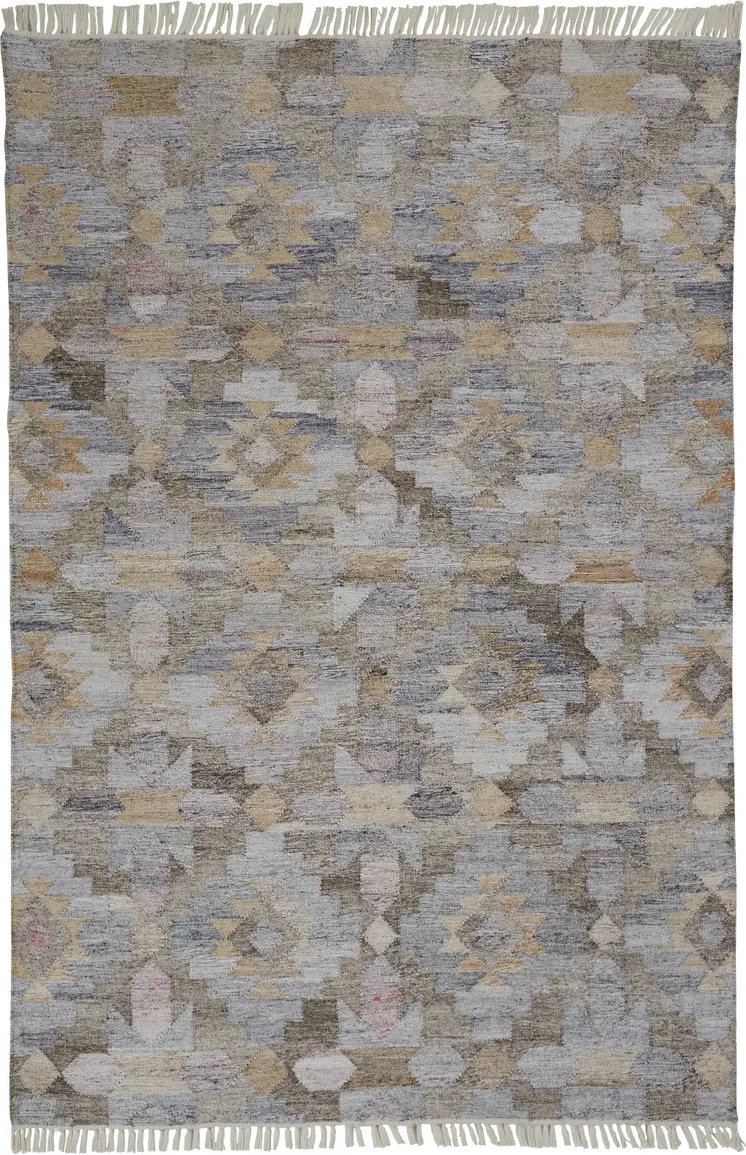 5' X 8' Gray and Blue Geometric Hand Woven Area Rug With Fringe