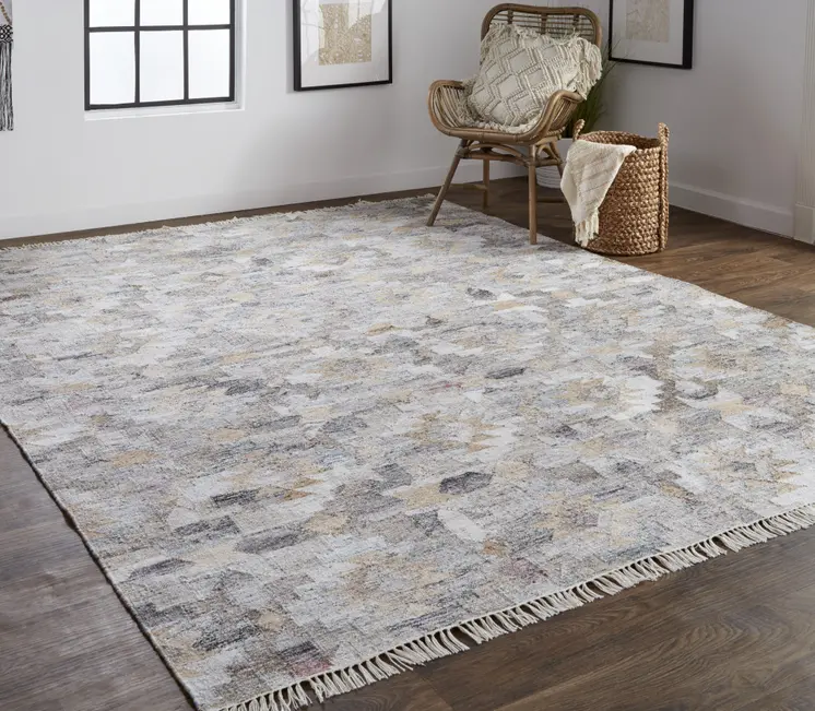 2' X 3' Taupe Gray And Blue Geometric Hand Woven Stain Resistant Area Rug With Fringe