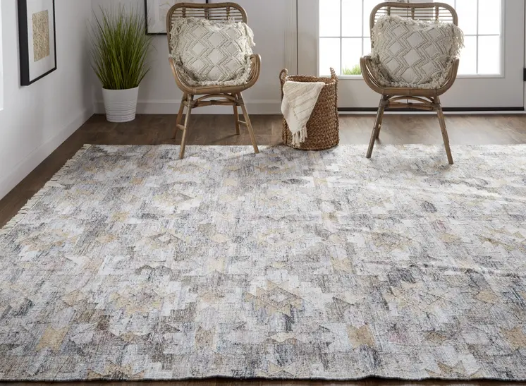 2' X 3' Taupe Gray And Blue Geometric Hand Woven Stain Resistant Area Rug With Fringe