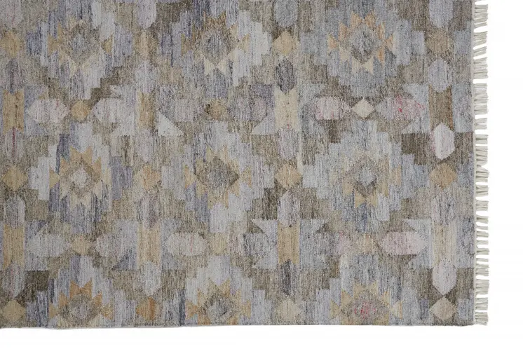 2' X 3' Taupe Gray And Blue Geometric Hand Woven Stain Resistant Area Rug With Fringe