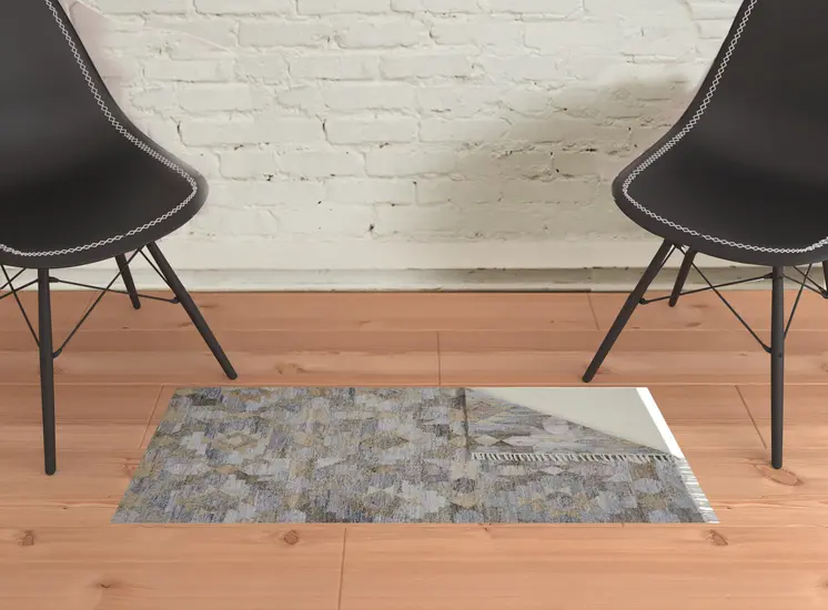 2' X 3' Taupe Gray And Blue Geometric Hand Woven Stain Resistant Area Rug With Fringe
