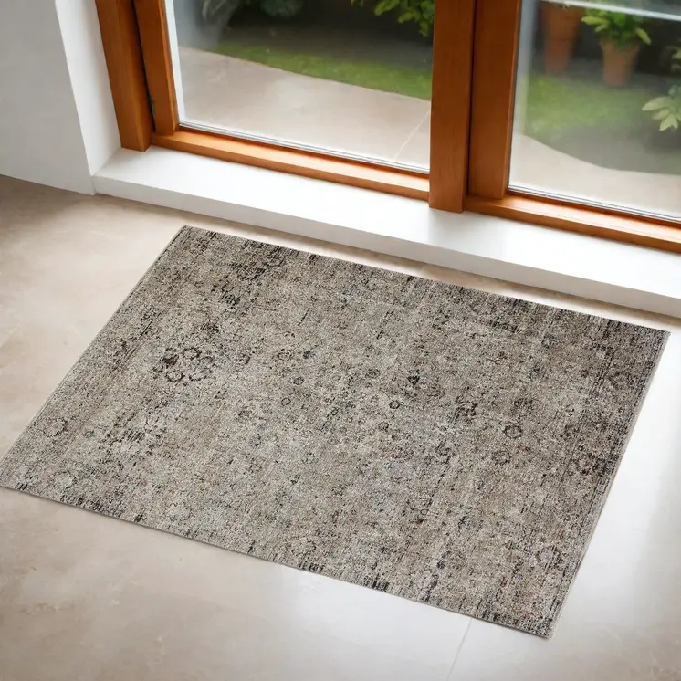 2' X 3' Taupe Ivory And Gray Abstract Distressed Area Rug With Fringe