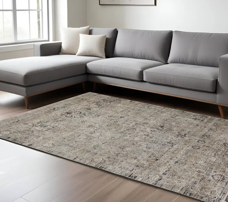 7' X 10' Taupe Ivory And Gray Abstract Distressed Area Rug With Fringe