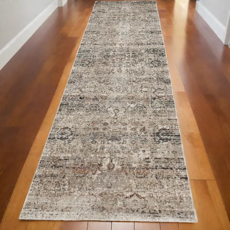 10' Taupe Ivory And Gray Abstract Distressed Runner Rug With Fringe