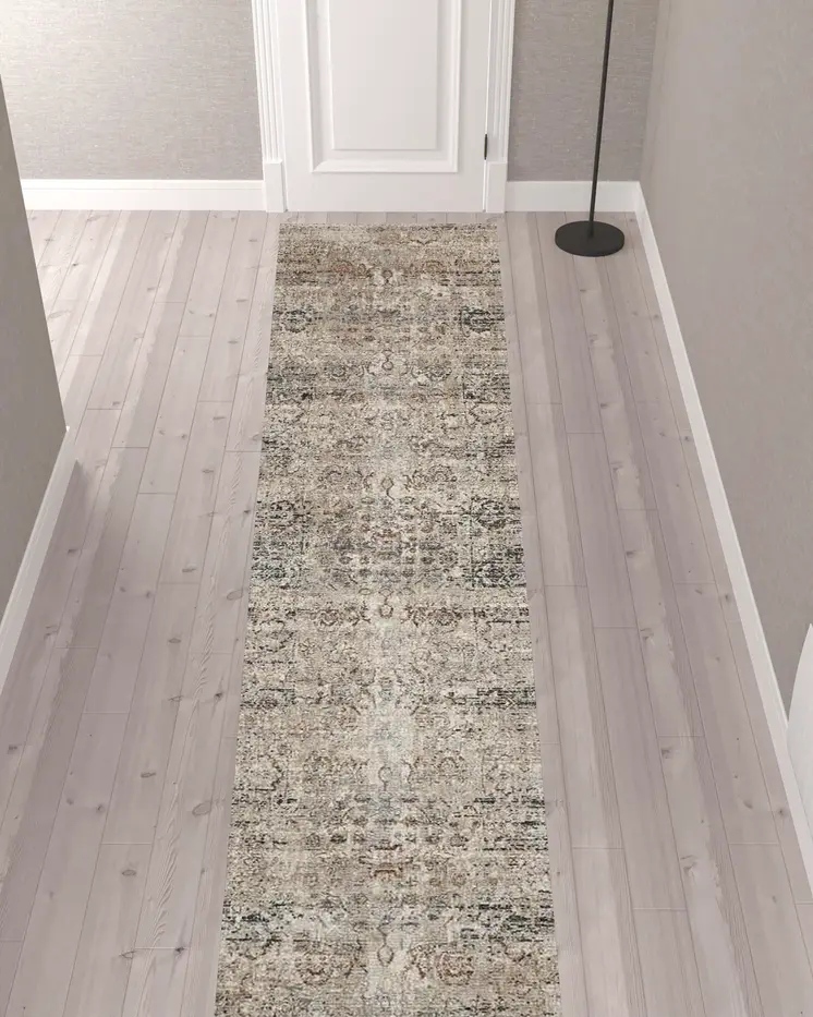 12' Taupe Ivory And Gray Abstract Distressed Runner Rug With Fringe