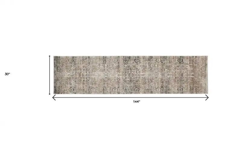 12' Taupe Ivory And Gray Abstract Distressed Runner Rug With Fringe