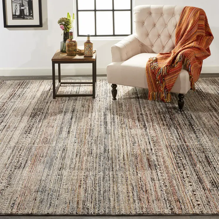 4' X 6' Ivory Gray And Black Abstract Distressed Area Rug With Fringe