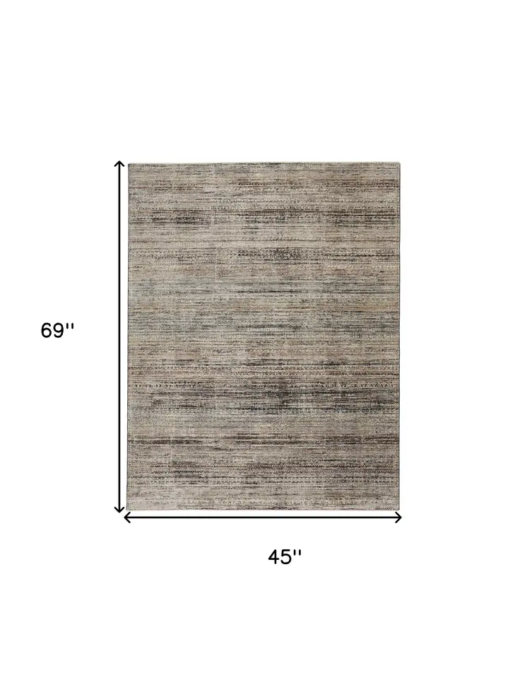 4' X 6' Ivory Gray And Black Abstract Distressed Area Rug With Fringe