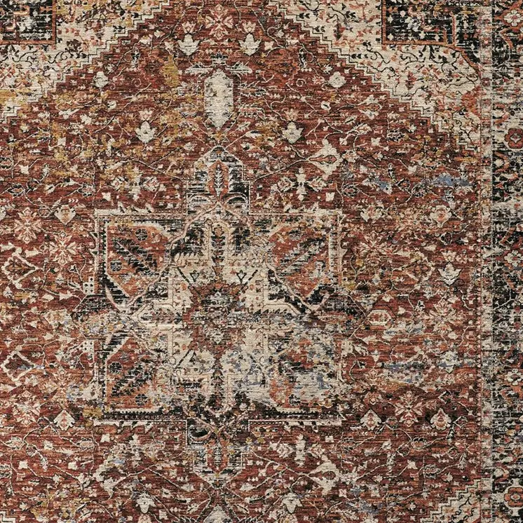5' X 8' Red Ivory And Black Abstract Distressed Area Rug With Fringe