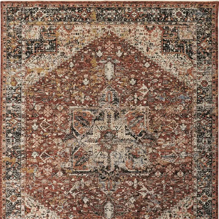 5' X 8' Red Ivory And Black Abstract Distressed Area Rug With Fringe