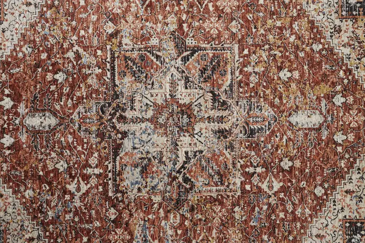 7' X 10' Red and Ivory Abstract Distressed Area Rug With Fringe