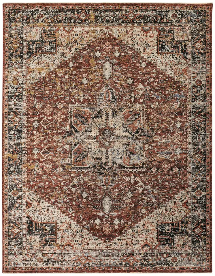 8' X 10' Red Ivory And Black Abstract Distressed Area Rug With Fringe
