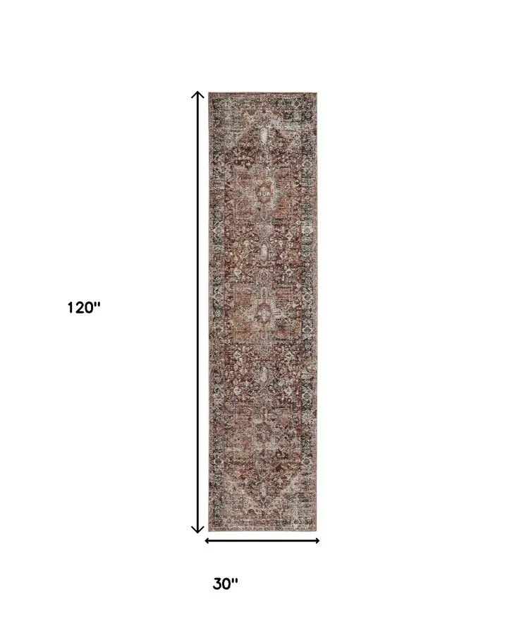 10' Red and Ivory Abstract Distressed Runner Rug