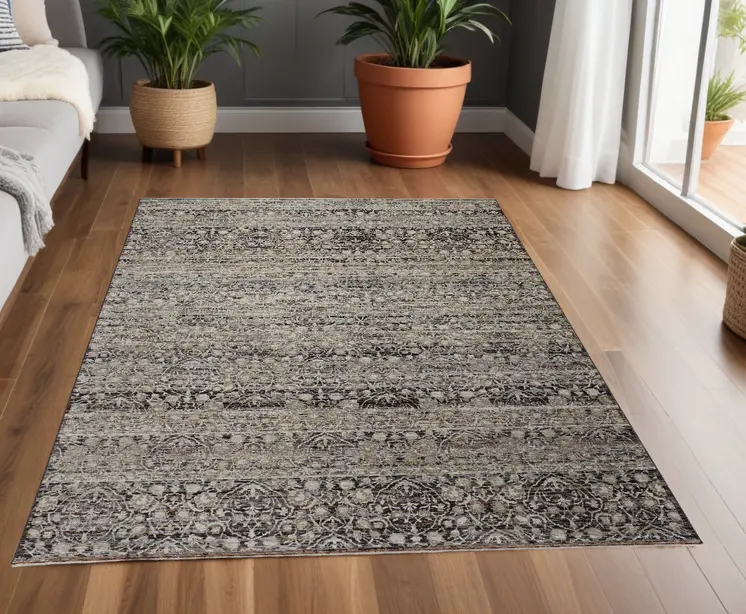 4' X 6' Gray Ivory And Tan Abstract Distressed Area Rug With Fringe