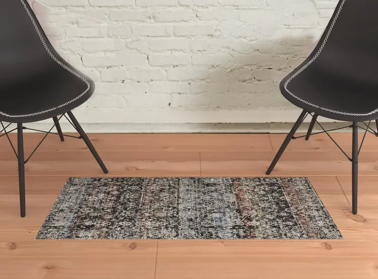 2' X 3' Gray Black And Red Abstract Distressed Area Rug With Fringe