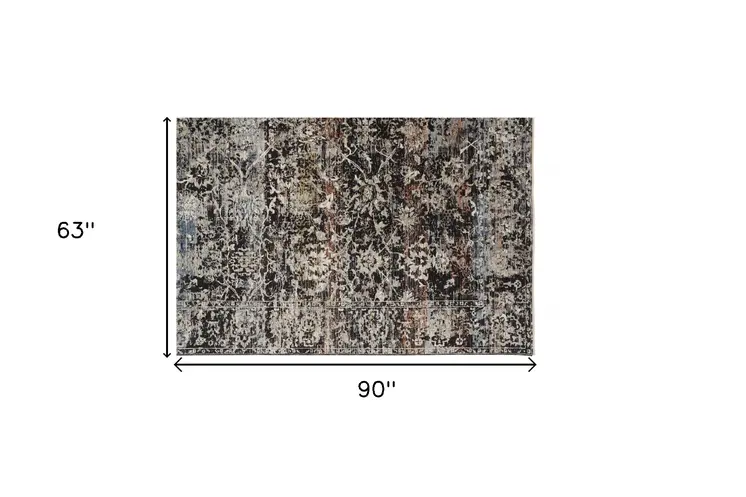 5' X 8' Gray and Black Abstract Distressed Area Rug With Fringe