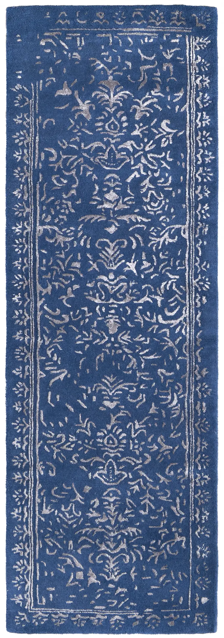 8' Blue and Silver Wool Floral Hand Tufted Distressed Runner Rug
