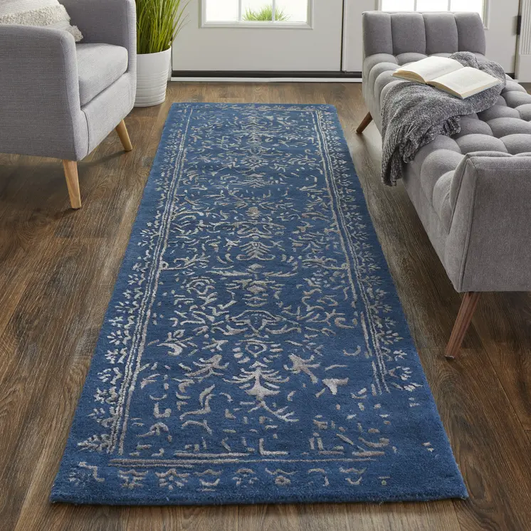 8' Blue and Silver Wool Floral Hand Tufted Distressed Runner Rug