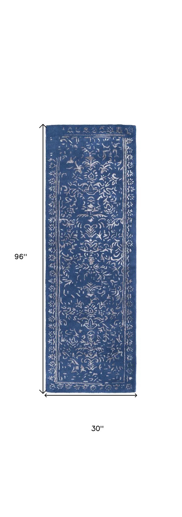 8' Blue and Silver Wool Floral Hand Tufted Distressed Runner Rug