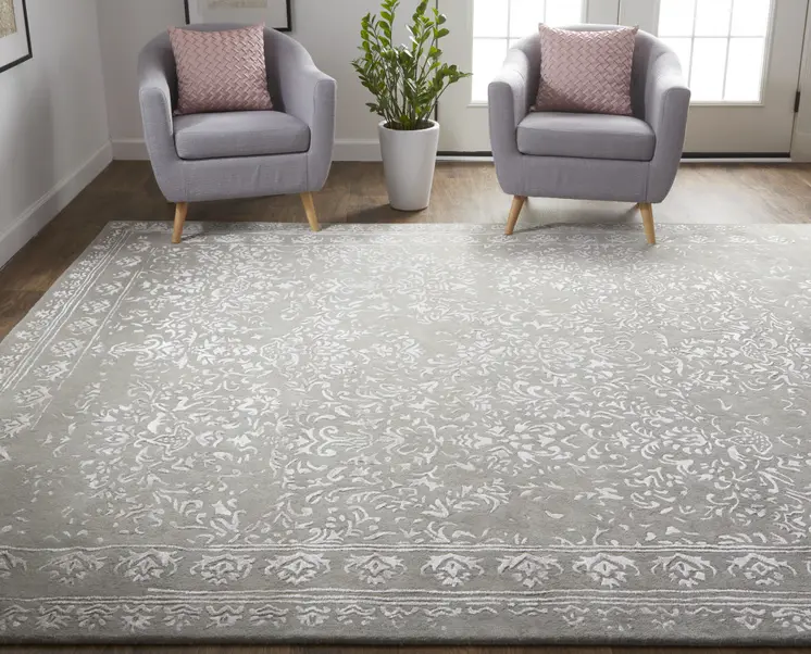 5' X 8' Gray Taupe And Silver Wool Floral Tufted Handmade Distressed Area Rug