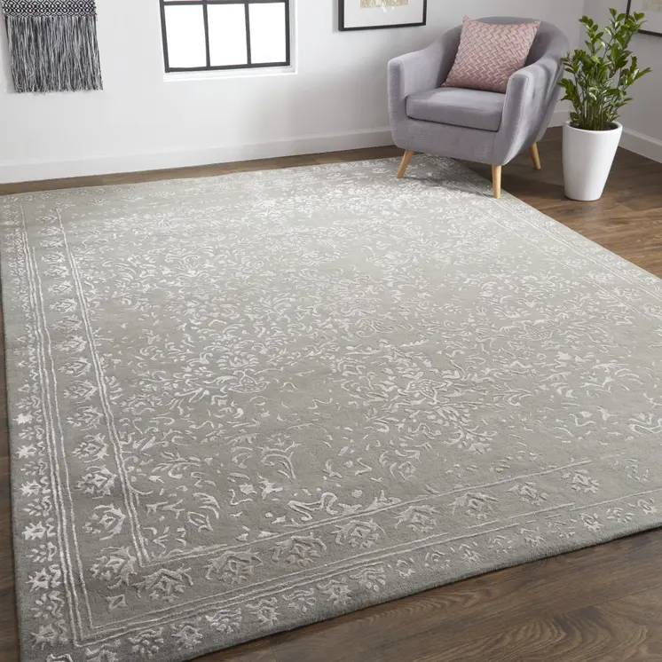 10' X 14' Gray Taupe And Silver Wool Floral Tufted Handmade Distressed Area Rug