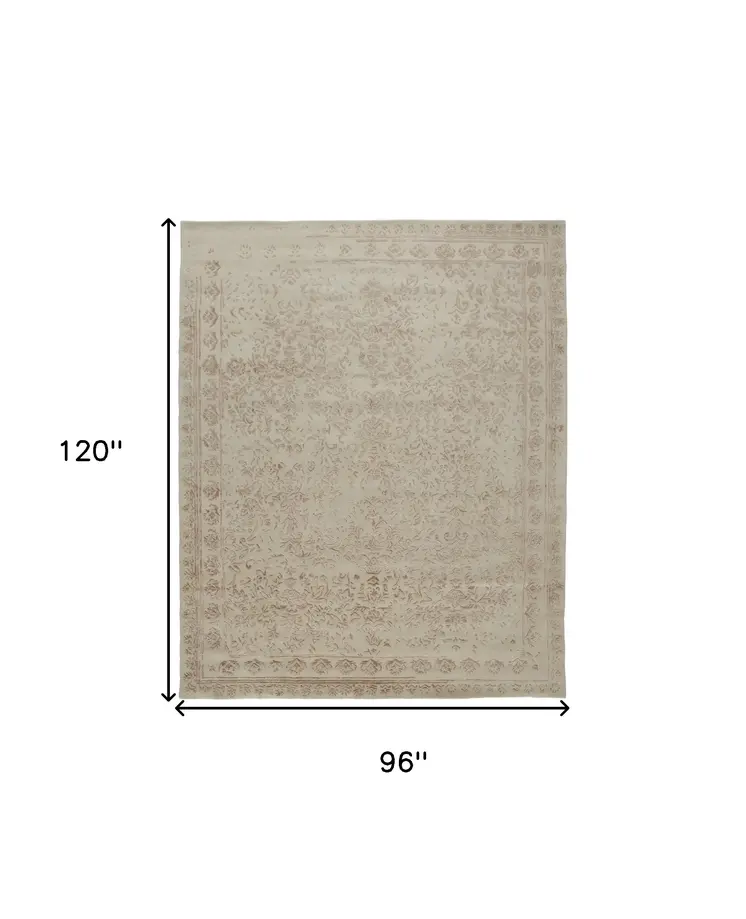 8' X 10' Ivory Tan And Pink Wool Floral Tufted Handmade Distressed Area Rug