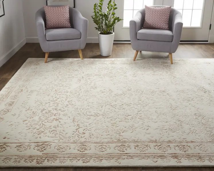 9' X 12' Ivory Tan And Pink Wool Floral Tufted Handmade Distressed Area Rug