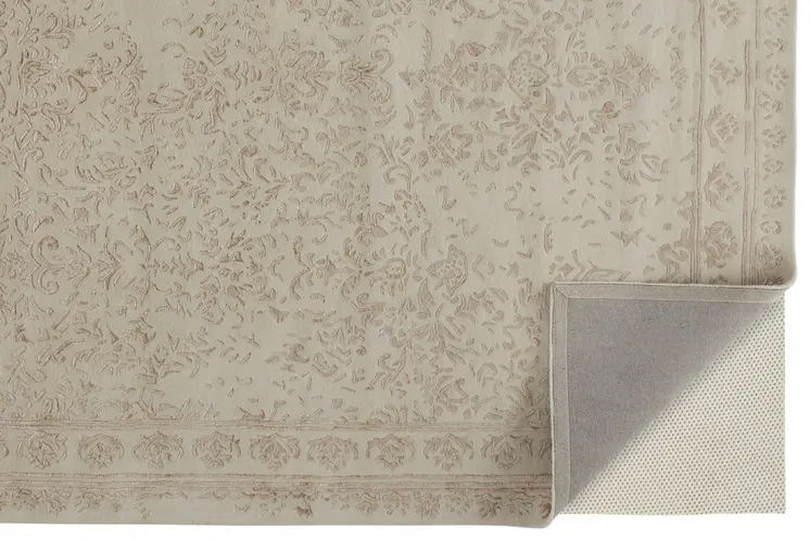 9' X 12' Ivory Tan And Pink Wool Floral Tufted Handmade Distressed Area Rug
