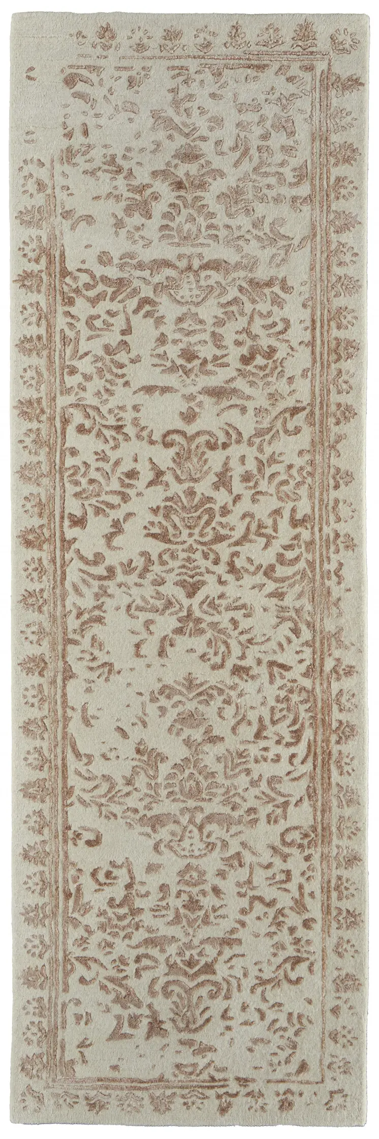 8' Pink and Ivory Wool Floral Hand Tufted Distressed Runner Rug