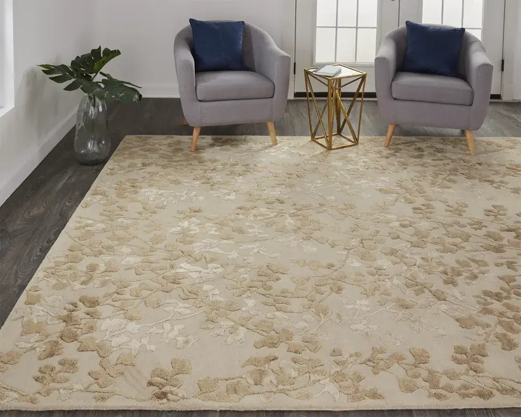 5' X 8' Ivory Tan And Gold Wool Floral Tufted Handmade Area Rug