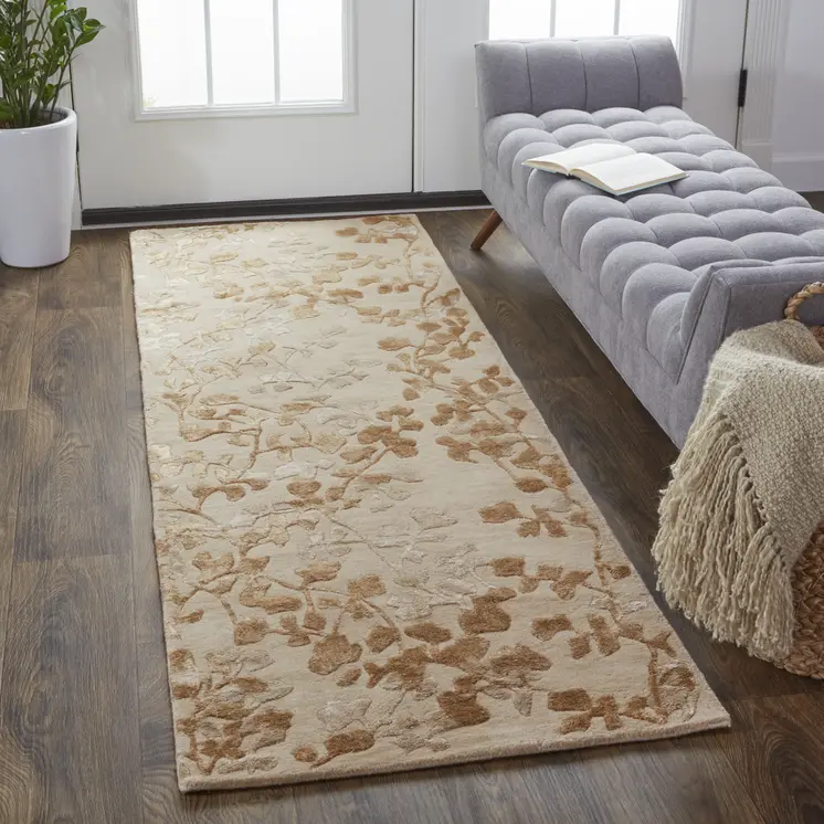 8' Ivory Tan And Gold Wool Floral Tufted Handmade Runner Rug