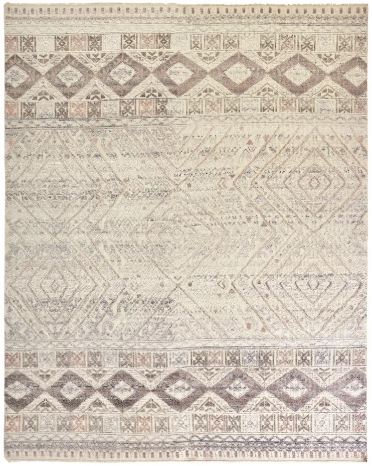 4' X 6' Gray Ivory And Pink Geometric Hand Knotted Area Rug