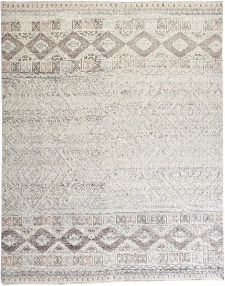 5' X 8' Gray Ivory And Pink Geometric Hand Knotted Area Rug