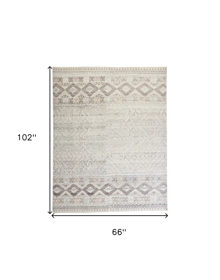 5' X 8' Gray Ivory And Pink Geometric Hand Knotted Area Rug