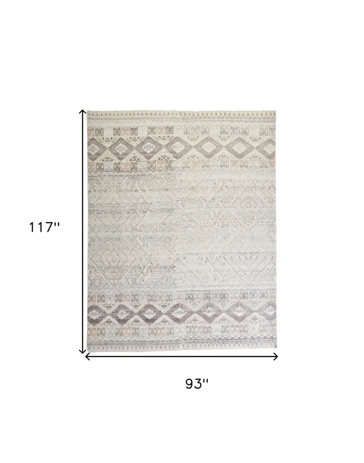 8' X 10' Gray Ivory And Pink Geometric Hand Knotted Area Rug