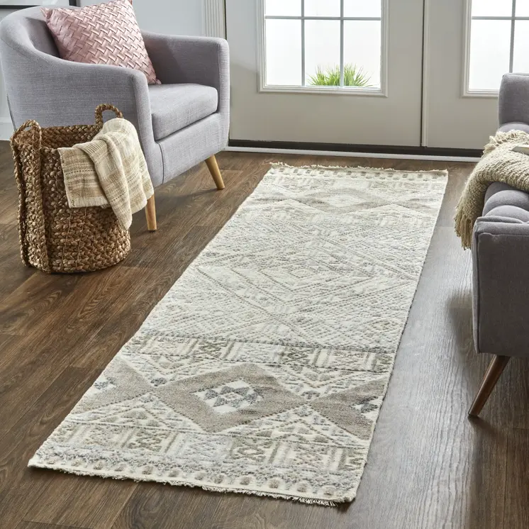 10' Gray and Ivory Geometric Hand Knotted Runner Rug With Fringe