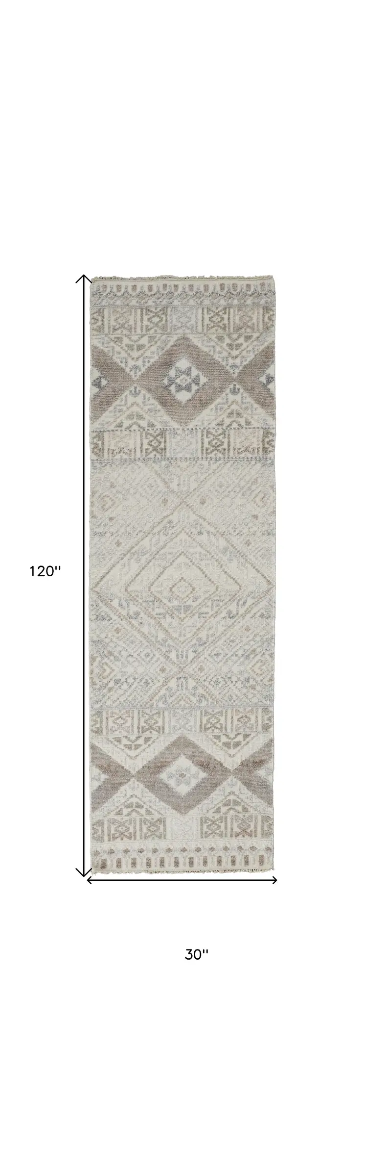 10' Gray and Ivory Geometric Hand Knotted Runner Rug With Fringe