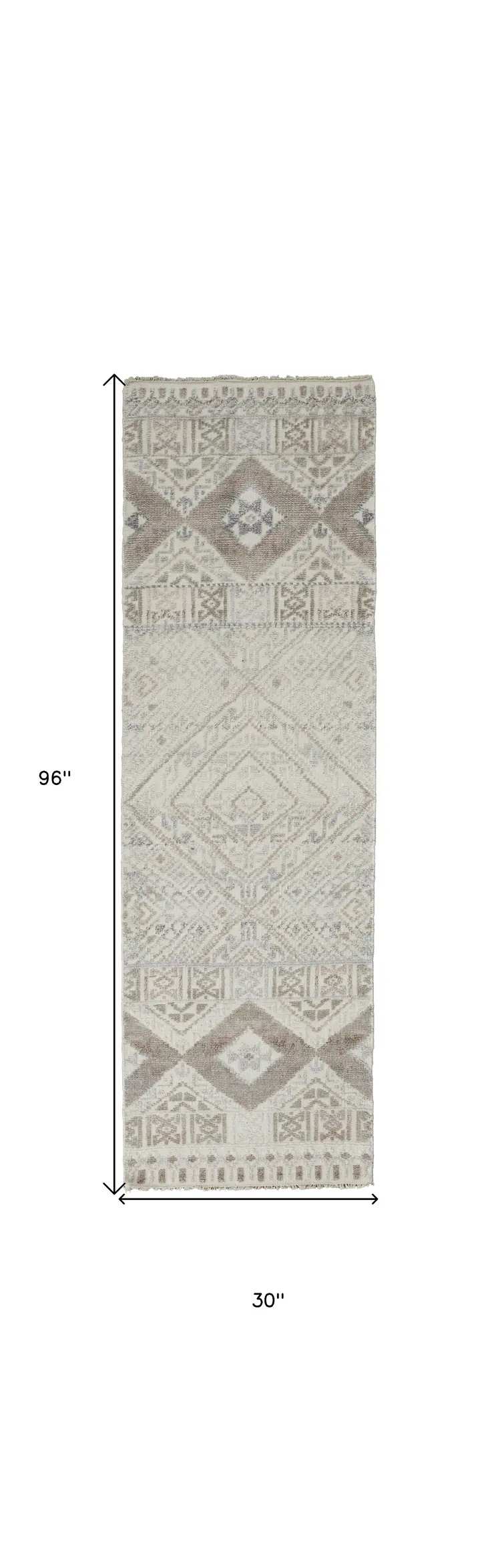 8' Gray Ivory And Pink Geometric Hand Knotted Runner Rug