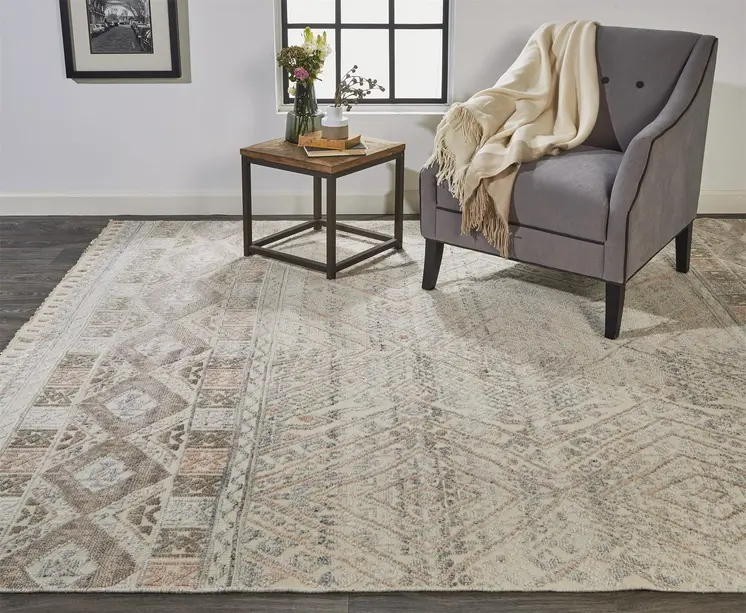12' X 15' Gray Ivory And Pink Geometric Hand Knotted Area Rug