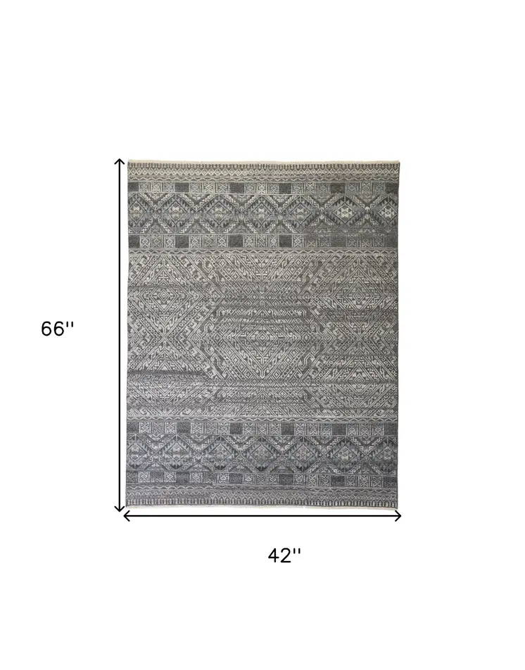 4' X 6' Gray and Ivory Geometric Hand Knotted Area Rug