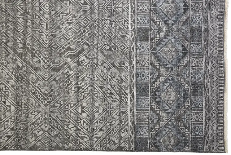 8' X 10' Gray Ivory And Blue Geometric Hand Knotted Area Rug